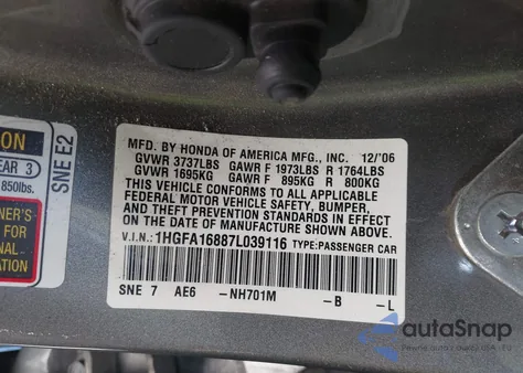 2007 Honda Civic Ex from USA, damaged, VIN 1HGFA16887L039116